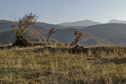 Amazing autumn view of glade, hill, forest with deciduous trees  near to pretty village Zhrebichko, Bratsigovo municipality,  Rhodope mountains, Bulgaria