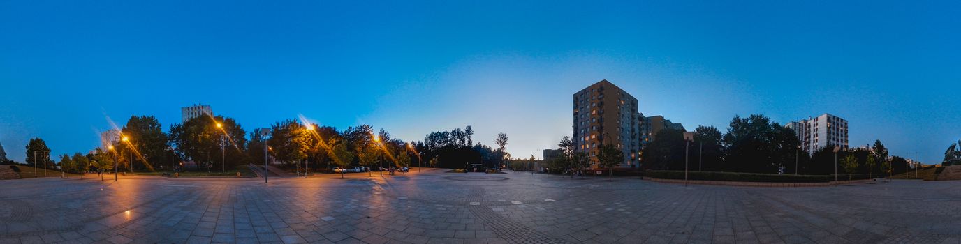 Katowice spherical panorama at blue hour with ligts