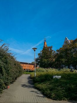 Pavement path to red brick buildings with bushes around