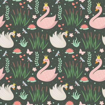 Swans cute seamless pattern. Modern princess swan repetitive texture. Holiday endless background, backdrop. illustration