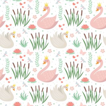 Swans cute seamless pattern. Modern princess swan repetitive texture. Holiday endless background, backdrop. illustration