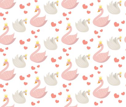 Swans cute seamless pattern. Modern princess swan repetitive texture. Holiday endless background, backdrop. illustration