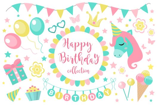 Happy birthday modern cute icons set, cartoon flat style. Party collection of design elements with unicorn, balloons, gerland, sweets. Candy and cake for childrens holiday kit. illustration