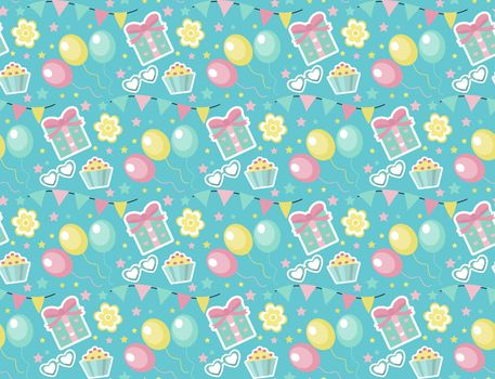 Happy birthday seamless pattern. Party repeating texture with gerland, sweets, gift. Holiday endless background, backdrop. illustration