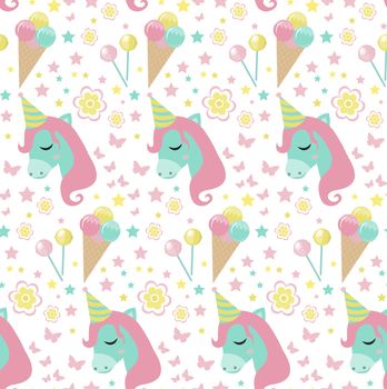 Happy birthday seamless pattern. Party repeating texture with gerland, sweets, gift. Holiday endless background, backdrop. illustration