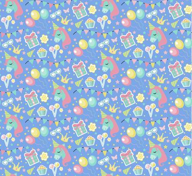 Happy birthday seamless pattern. Party repeating texture with gerland, sweets, gift. Holiday endless background, backdrop. illustration