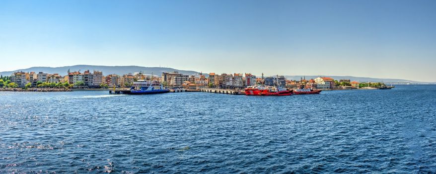 Canakkale, Turkey - 07.23.2019.  Canakkale ferry line across the Dardanelles in Turkey on  a sunny summer morning