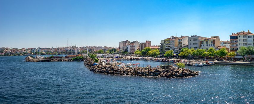 Canakkale, Turkey - 07.23.2019.  Marina and Embankment of the Canakkale city in Turkey on a sunny summer morning. Big size panoramic view