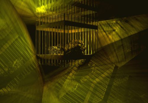 3D abstract textured image of a golden cage in a bunker that is deep underground
