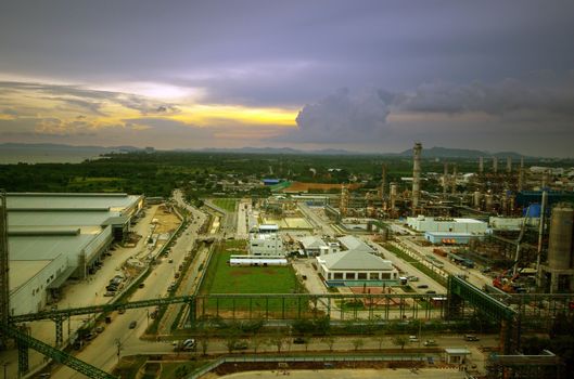 Wideview of under construction Large industrial mill in evening light