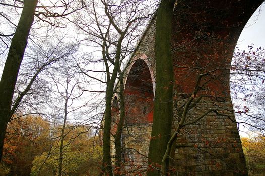 Railway viaduct spanning a reservoir in Lancashire in the north of England
