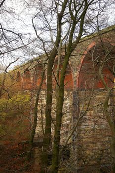 Trees in front of a railway viaduct with arches spanning a reservoir