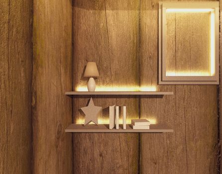 small room 3d render design with wooden wall and warm light with shelv decoration 