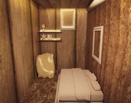 small room 3d render design with wooden wall and warm light with shelv decoration 