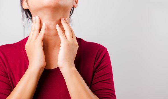 Asian beautiful woman itching her scratching her itchy neck on white background with copy space, Medical and Healthcare concept