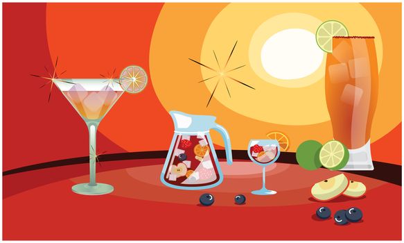 different types of drinks with full of fruits and lemon on sun view background