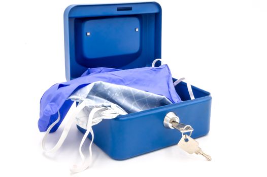 Surgical gloves, tissue mask and disinfectant lock up in a safe