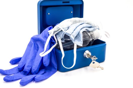 Surgical gloves, tissue mask and disinfectant lock up in a safe
