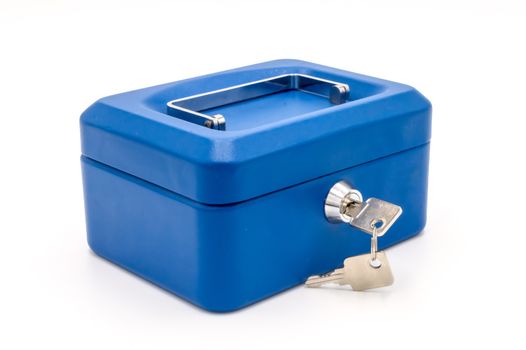 Blue safe close with a key on a white background