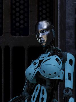 Cyborg at futuristic dark room background - 3d rendering