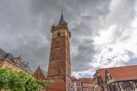 Famous Kappelturm beffroi at Obernai by day, Alsace, France