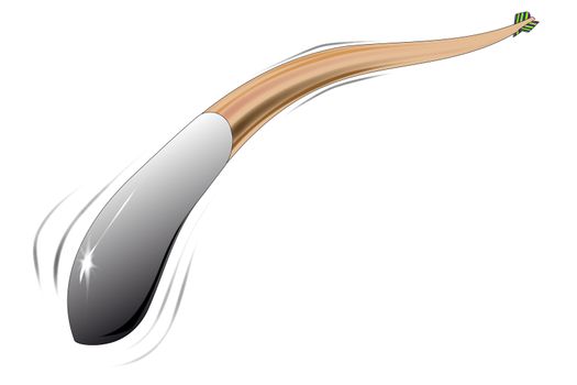 A arrow in flight, bending as it goes, isolatted on a white background.