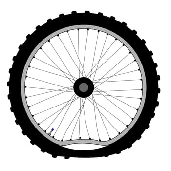 A buckled bicycle wheel and knobly tyre.