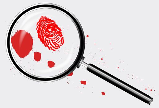 A magniying glass exanining a finger print and blood splatter.