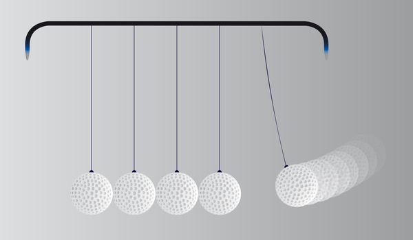 A kinetic energy cradle loaded with five golf balls.