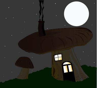 A large mushroom house set against a full moon.