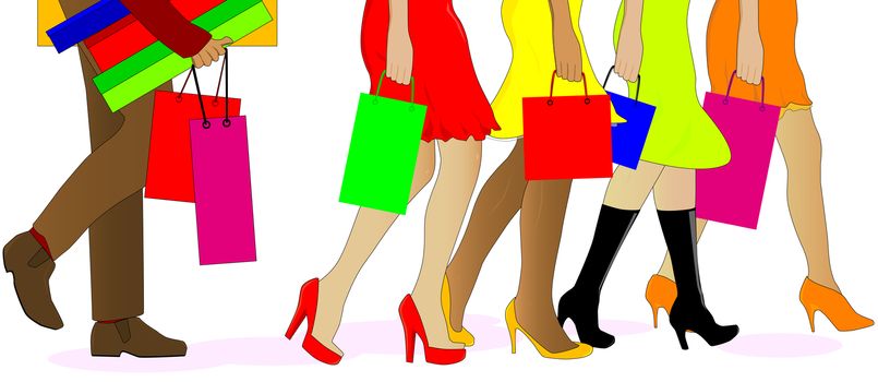 A collection of female legs walkig away from the sales with a man carrying the boxes behind.