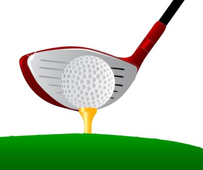 A golf ball placed on top of a golf ball tee with the driver getting ready.