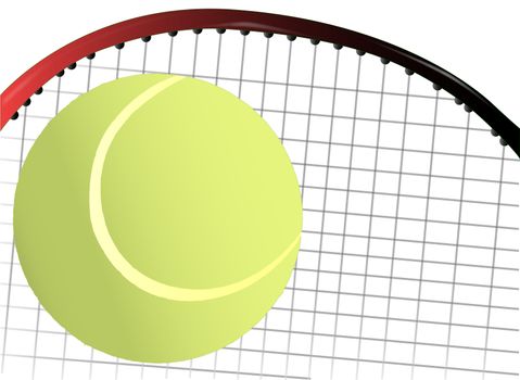 A new yellow tennis ball with conventional markings with a tennis racket as the background.