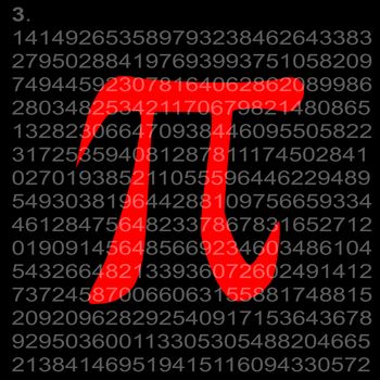 Pi to several hundred decimal places set on a black bavkground with a red Pi symbol.