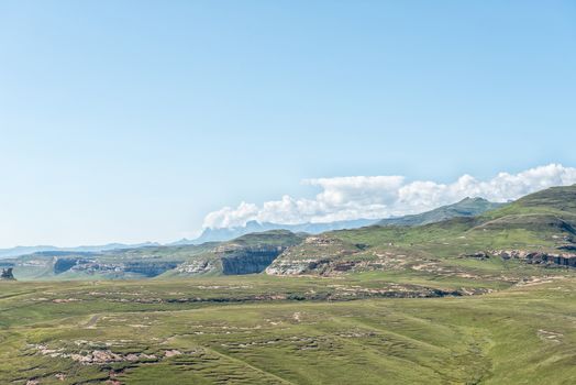 View from the Wodehouse Trail in Golden Gate. The Amphitheatre in the Drakensberg is visible in the back