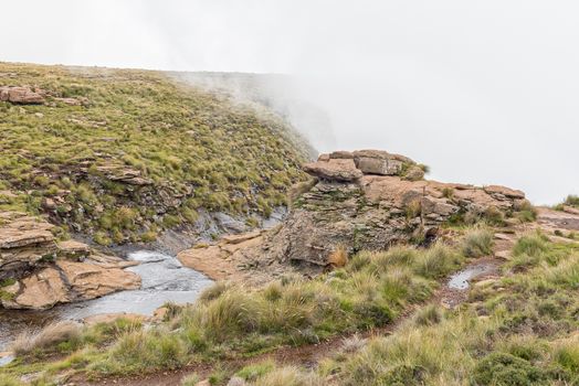 The Tugela River at the top of the Tugela Falls, the second tallest waterfall on earth, 948m tall