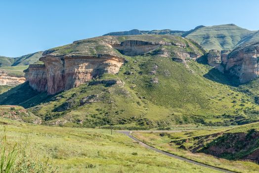 The Mushroom Rocks in Golden Gate as seen from the Blesbok Loop. The Mushroom Rock hiking trail is visible