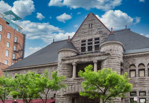 Cut stone round turrets on an old building