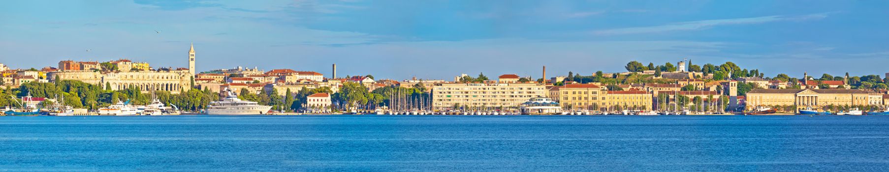 Pula. Panoramic view of town of Pula waterfront, Istria region of Croatia