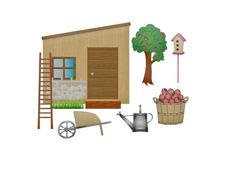garden green tool and house on white background - 3d rendering
