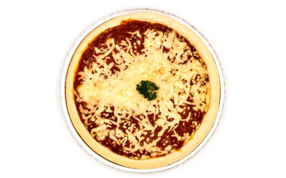 Close up of Bolognese Neapolitan Pizza. , tomato sauce, mozzarella cheese viewed from above on a white background