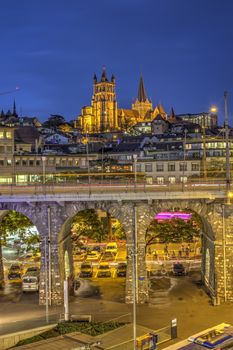 Cathedral of Notre Dame of Lausanne and bridge, Switzerland, HDR