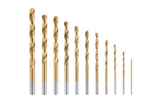 A set of drill bits 6.5mm 6mm 5.5mm 5mm 4.5mm 4mm 3mm 2mm 1.5mm 1mm isolated on white with clipping path