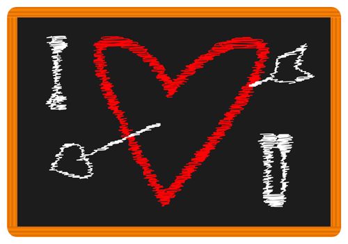 A school blackboard with a bright chalk Valentines Day I LOVE YOU message.