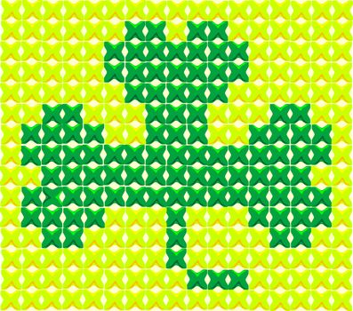 A red cross stitch shamrock set against a gold scroth stitch background