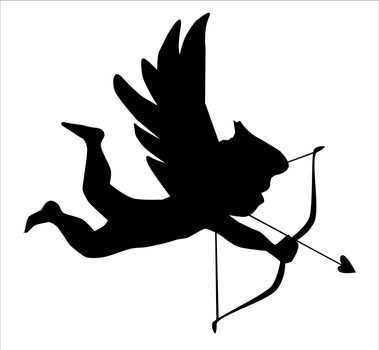 A silhouette of Cupid aiming his bow and arrow at his next target.