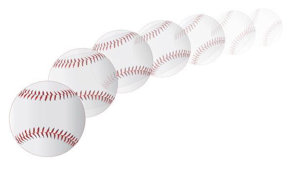 A new white pitched baseball with red stitching on a faded white background.