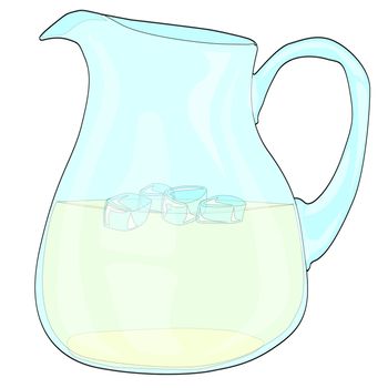 A pitcher of lemonade with ice on a white background.
