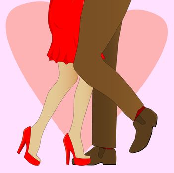A man and womans legs backdroped by a large heart and pink background.
