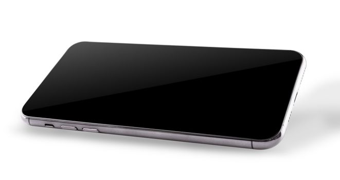 Closeup Horizontal modern digital black Smartphone mobile mockup blank side screen isolated on white background, no clipping path